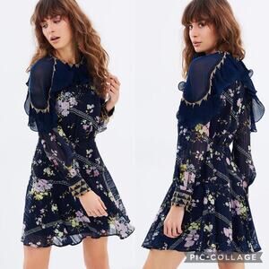 BHLDN x Talulah Blue Flower Ruffle Wedding Guest Long Sleeve Flounce Dress M